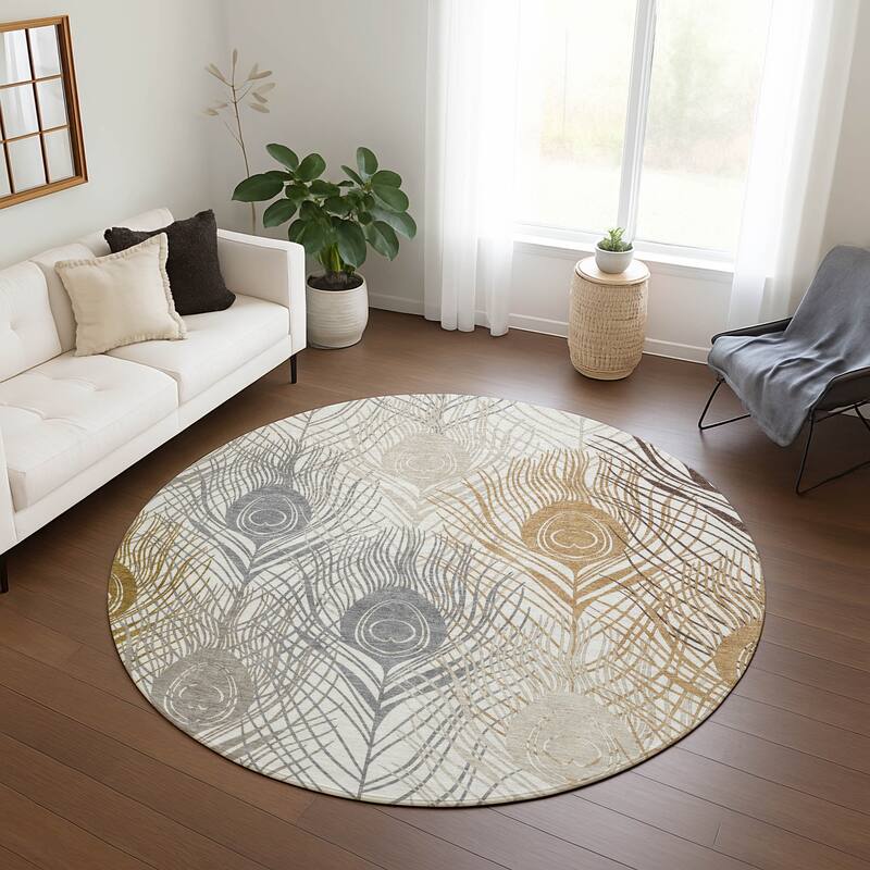 Machine Washable Indoor/ Outdoor Modern Peacock Chantille Rug