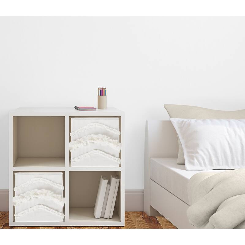 Ivory Boho Bohemian Collection Foldable Fabric Storage Bins - Gender Neutral Off White Farmhouse Chic Minimalist Fringe