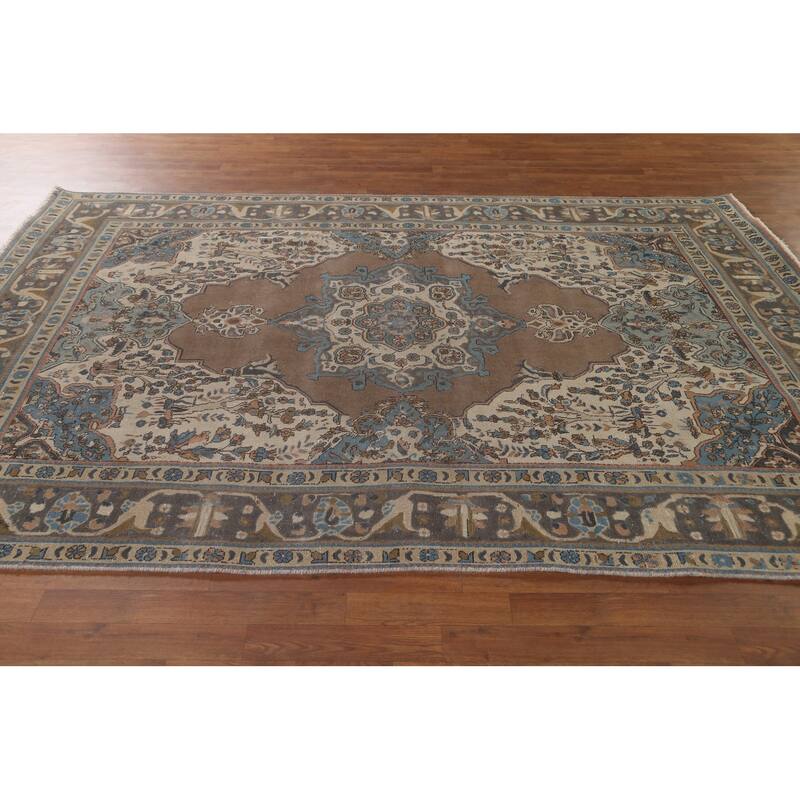 Brown Tabriz Persian Vintage Area Rug Hand-Knotted Wool Carpet - 6'9"x 9'9"