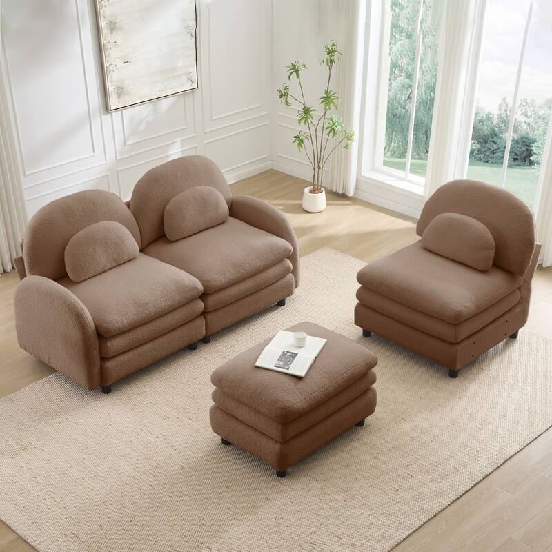 98.2" Teddy Fabric Sectional Sofa with Curved Pillows and Ottoman