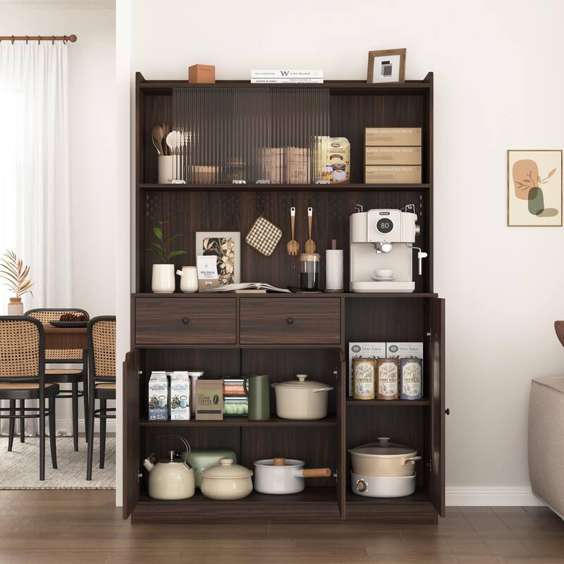 Anmytek Large Capacity 71 Inch Tall Kitchen Pantry Cabinet Reeded Glass Doors Microwave Stand Bakers Storage Rack