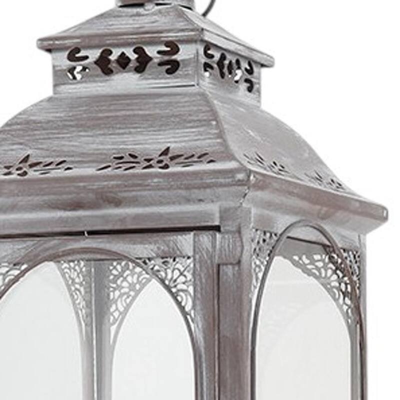 Set of Three Clear And Gray Glass And Metal Tabletop Lantern Candle Holders