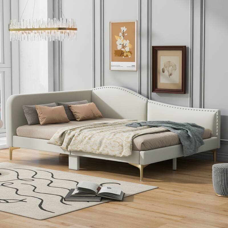 Modern Upholstered Full Size Daybed with Headboard and Armrest, Beige Linen Fabric, Sturdy Wood Frame