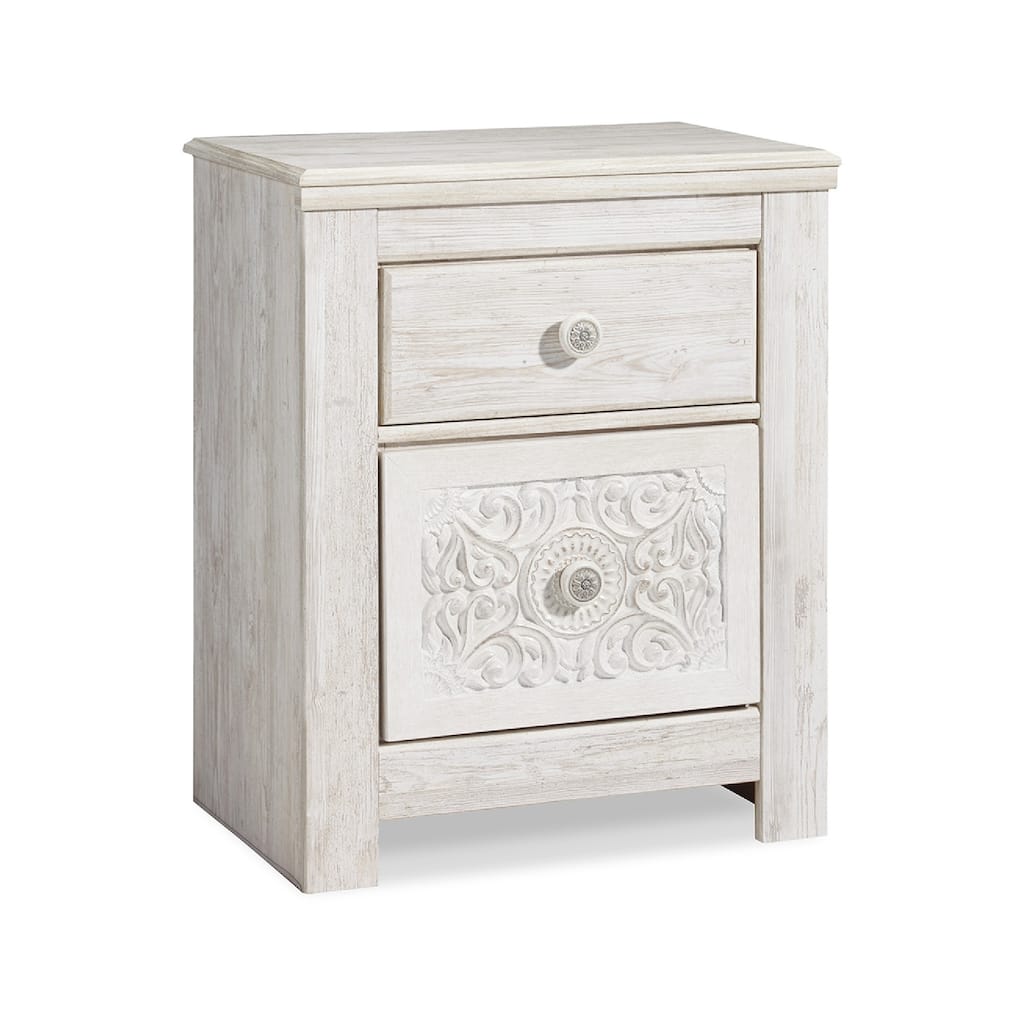 Paxy Nightstand, 2 Drawers, 2 USB Ports, Laminate Whitewash Finish