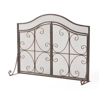 Fireplace Screen, 3 Panels 2 Doors, Black Copper Diamond Mesh Scrolled