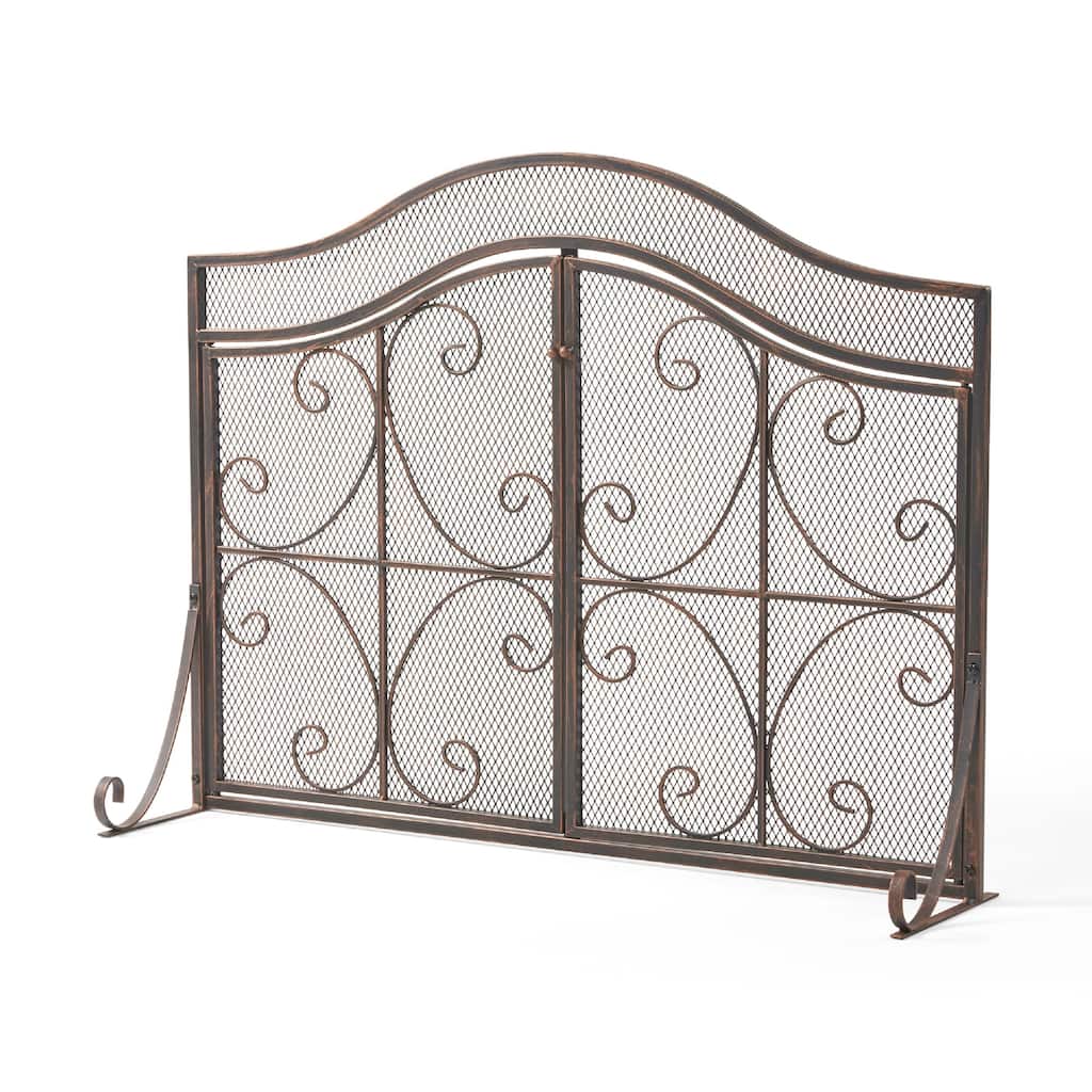 Fireplace Screen, 3 Panels 2 Doors, Black Copper Diamond Mesh Scrolled