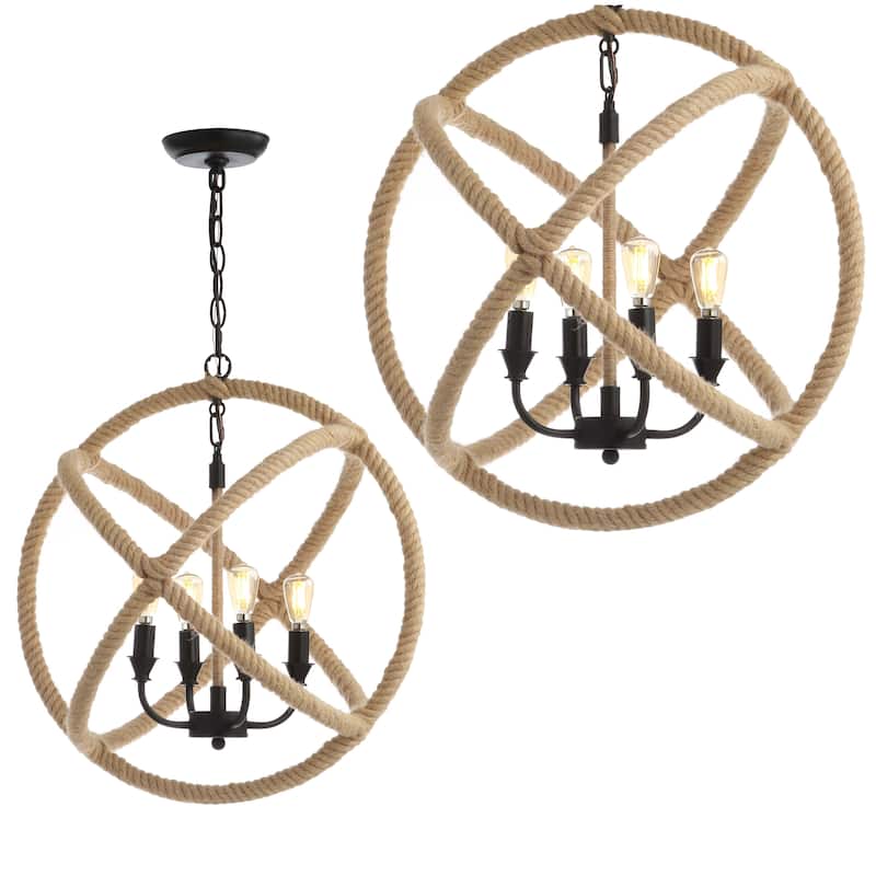 Isabelle 4-Light 20" Adjustable Globe Metal/Rope LED Pendant, Black/Brown by JONATHAN Y