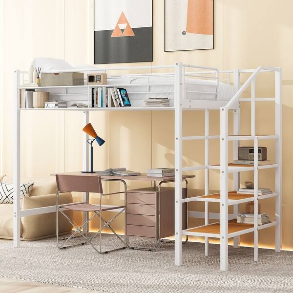 slide 2 of 25, Twin Metal Loft Bed with Storage Ladder & Upper Grid Shelf - 250LB Capacity White