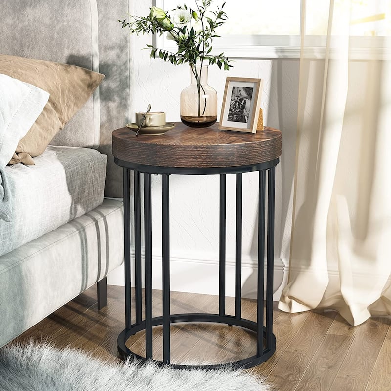 Brown/ Black Wood 2-Tier Round Sofa Side Table for Living Room