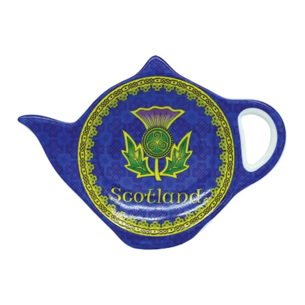 4" Stylish Blue Bone China Teabag Holder with Celtic Knotwork and Golden Thistle Design - 4”Dia x 5.9”W