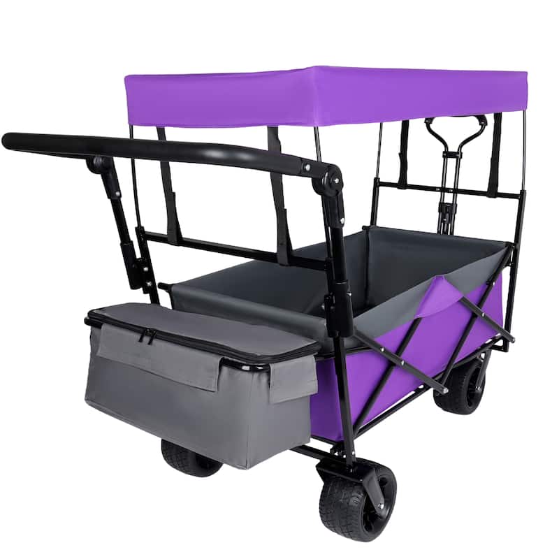 With Push Handle, 480Lbs Collapsible Wagon with Canopy, Wagon cart with 7" All-Terrain Wheels, Lightweight Foldable Wagon