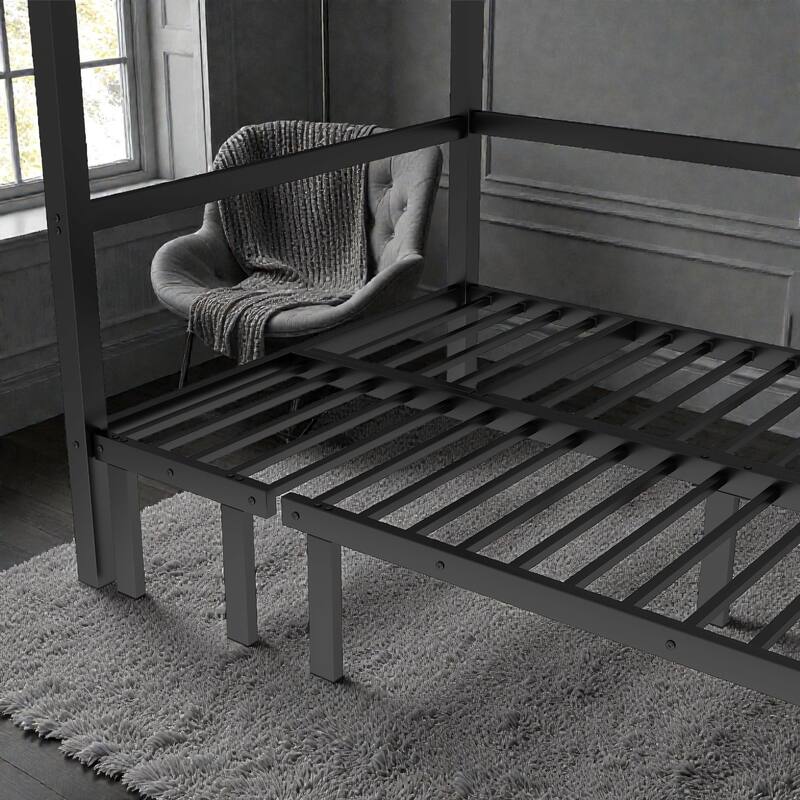 Twin XL Over Twin XL Metal Bunk Bed with Pull-Out Trundle, Convertible 3-Section Lower Bed, Safety Guardrails