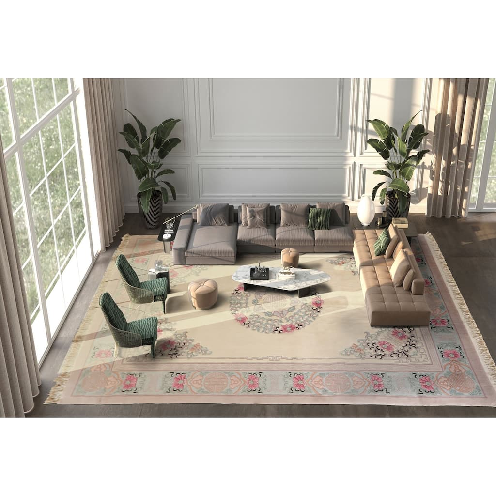 9'6''x14 Hand Knotted Wool IvoryPlush Pile Aubusson Savonnerie Traditional Rug - 9' 6'' x 14'