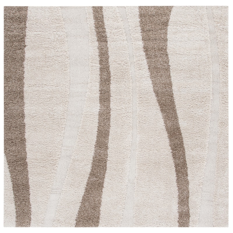 SAFAVIEH Florida Shag Ariola Stripe 1.2-inch Thick Rug - 6'7" Square - Cream/Dark Brown