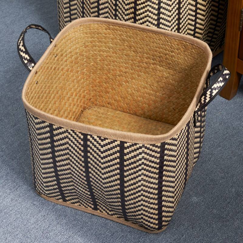 Isidore Square Palm Leaf Woven Wicker Storage Basket with Handles Set of 2