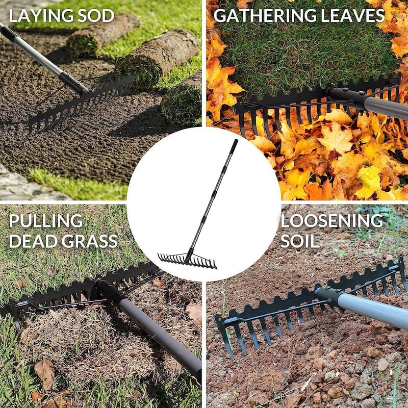 WaLensee 5.4FT Bow Rake Heavy Duty Garden Rake with Stainless Steel Handle, 17 Steel Tines Metal Head Rake Tool