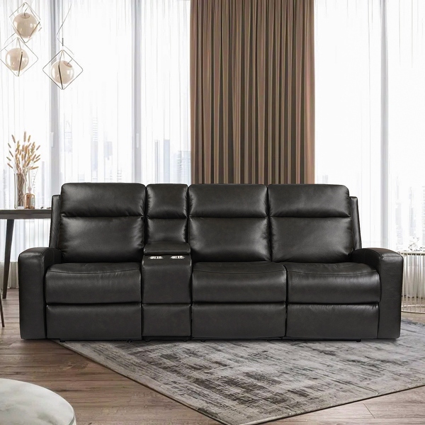 103 Wide Genuine Leather Power Reclining Sofa Home Theater Power Recliner Sofa with Console Cup Holders Adjustable Headrest Black