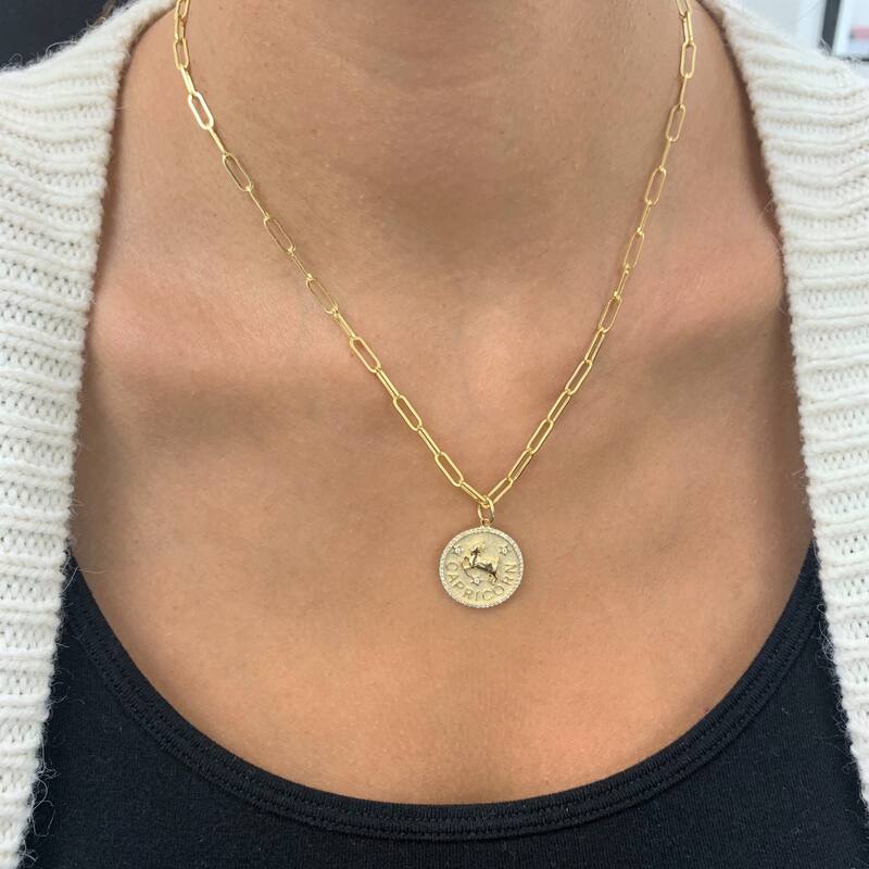 Zodiac Diamond Sign Necklace 14k Gold - Coin Pendant - Yellow Gold Diamond Necklace for Her - Women's Neckace
