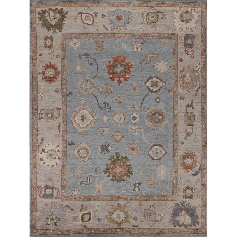 Hand Knotted Oriental 100% Wool Carpet Transitional All-Over Navy Blue & Blues Oushak Area Rug - 9' 11'' X 8' 0''