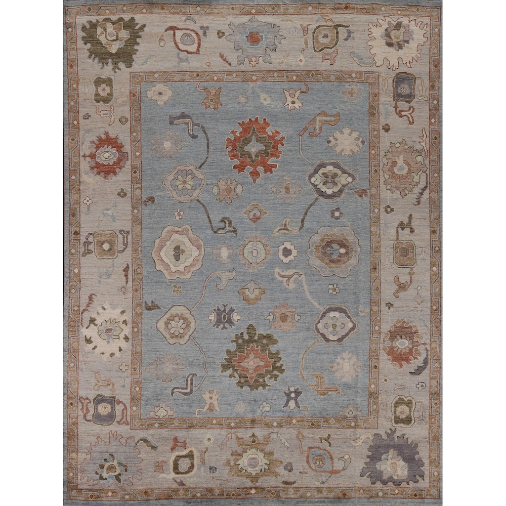 Hand Knotted Oriental 100% Wool Carpet Transitional All-Over Navy Blue & Blues Oushak Area Rug - 9' 11'' X 8' 0''