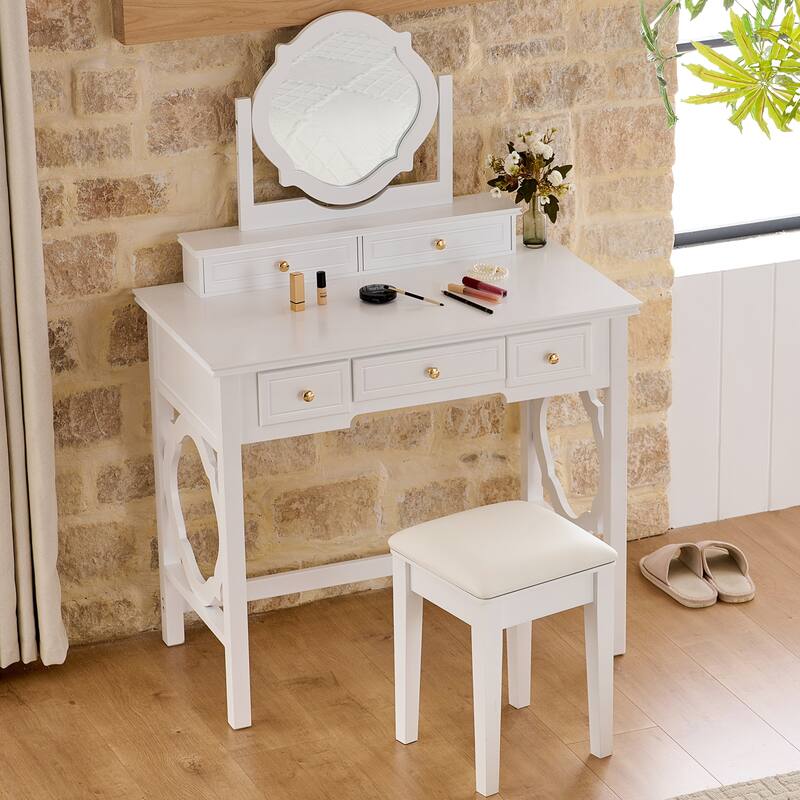 2-Piece Makeup Vanity Desk Set with PU Upholstered Stool, 5 Drawers Vanity Table Dressing Table with Swivel Vanity Mirror, White