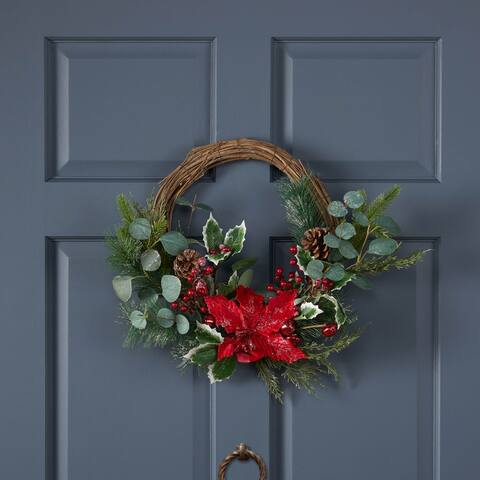 Mauhaut 23.5" Eucalyptus Artificial Half Wreath with Poinsettia and Berries by Christopher Knight Home - Green + Red