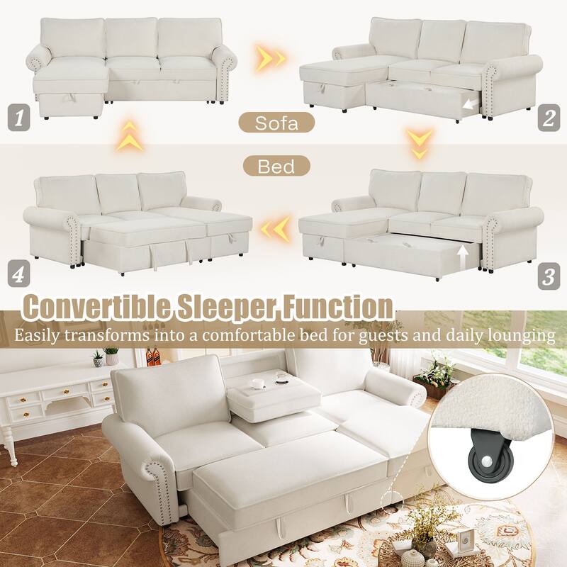 95" Convertible Sectional Sleeper Sofa with Storage Chaise, Pull-Down Tray & Cup Holders, Acacia Wood Frame (Polyester)
