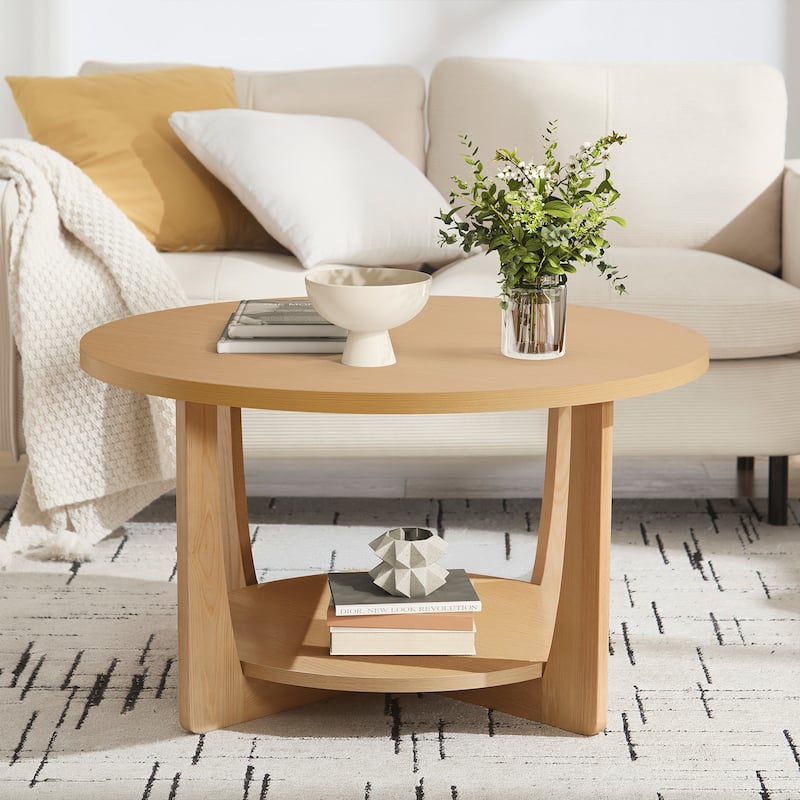 31.5" Round Coffee Table with Solid Wood Legs and 2-Tier Storage - 31.5"Dia x 17.72"H