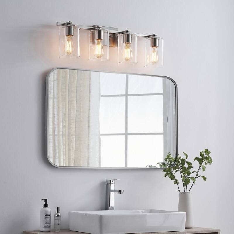 KAWOTI 29.1in 4light Square Glass Shades Bathroom Vanity Light On