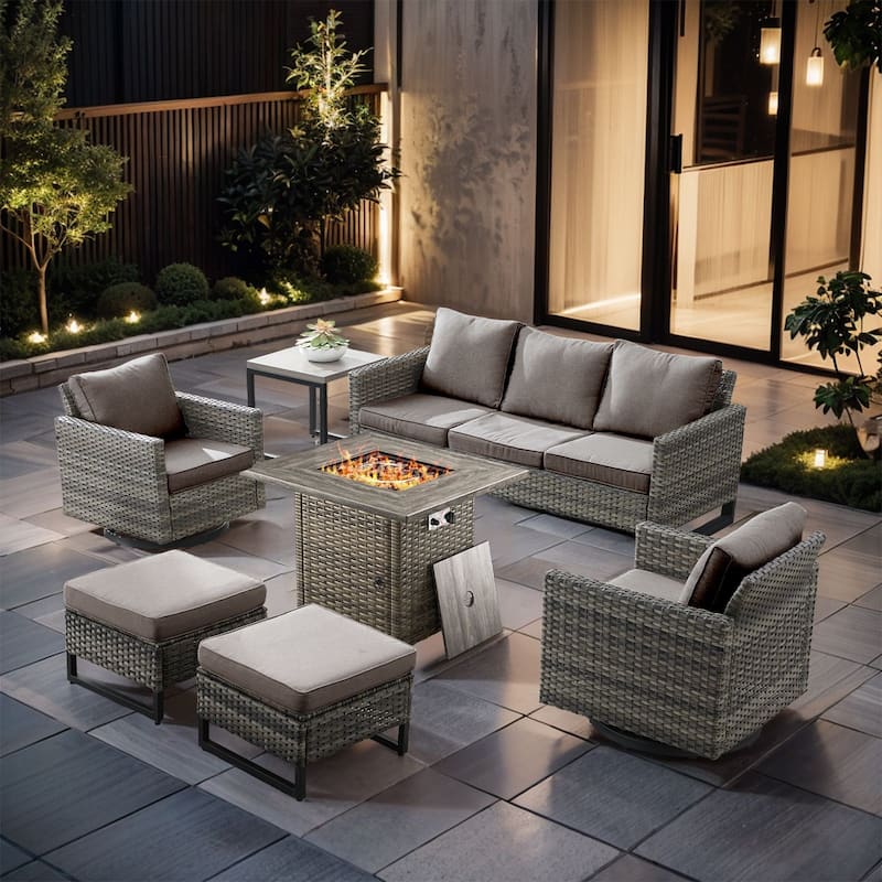 7 Pieces Fire Pit Table with Sofa Swivel Chair Ottoman Set - Gray Wicker - Gray cushion