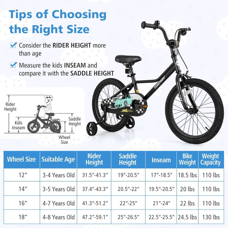 Costway 12"/14"/16"/18" Kids Training Bike with Removable Training