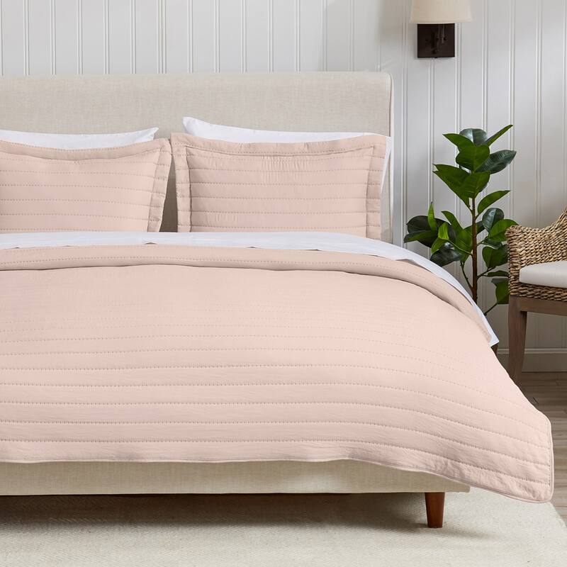 Luxurious Channel Stitch Microfiber Quilt Set With Shams - Rose Clay - Full - Queen