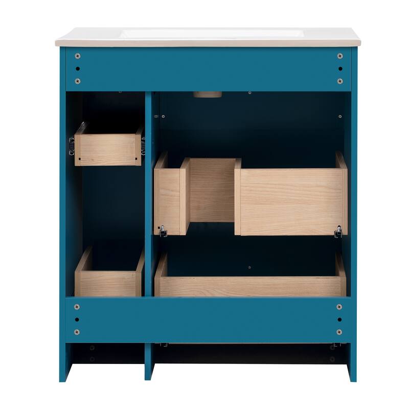 30" Blue Bathroom Vanity with Sink, 2 Soft-Close Drawers and Side Drawer, Freestanding Storage Cabinet with Gold Metal Knobs