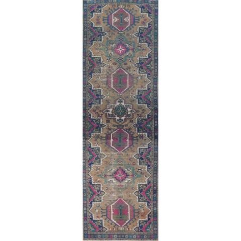 Tribal Tabriz Persian Geometric Runner Rug Hand-knotted Wool Carpet - 3'4" x 12'8"