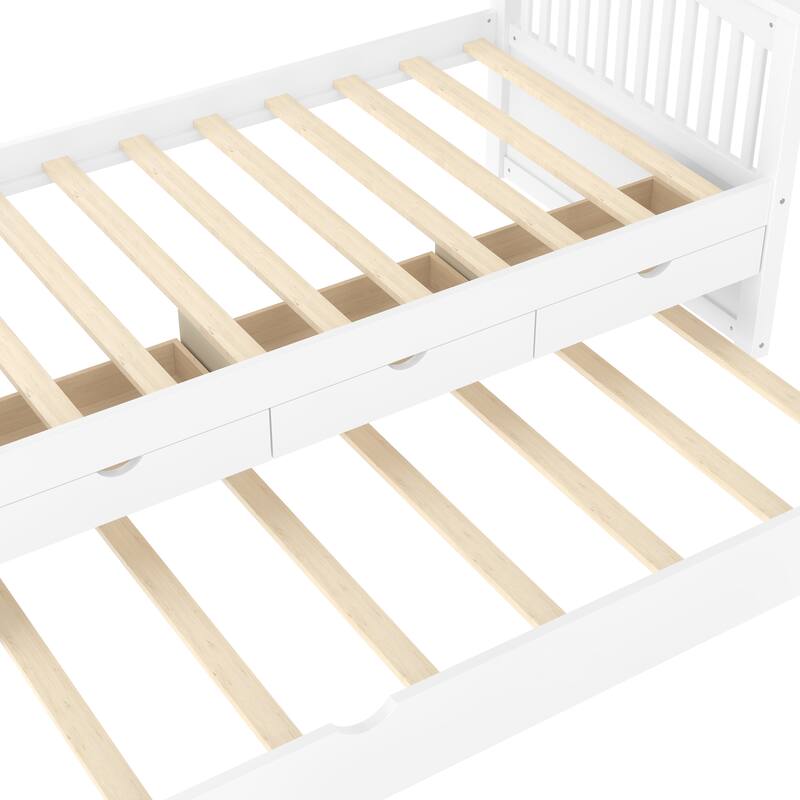 Twin Size Wooden Daybed with Trundle Bed and 3 Drawers, Solid Wood Platform Sofa Bed Frame, No Box Spring Needed