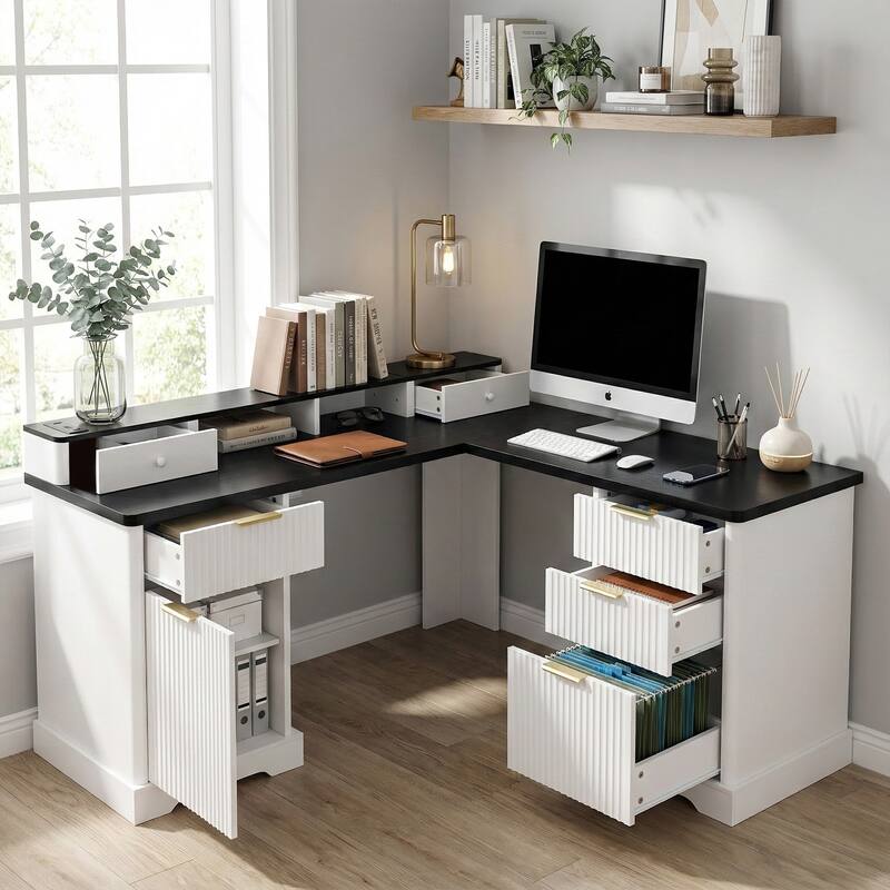 59” L Shaped Desk with Charging Station,Executive L Shaped Desk with Drawers and Storage Cabinet & Monitor Stand,Corner Desk - White