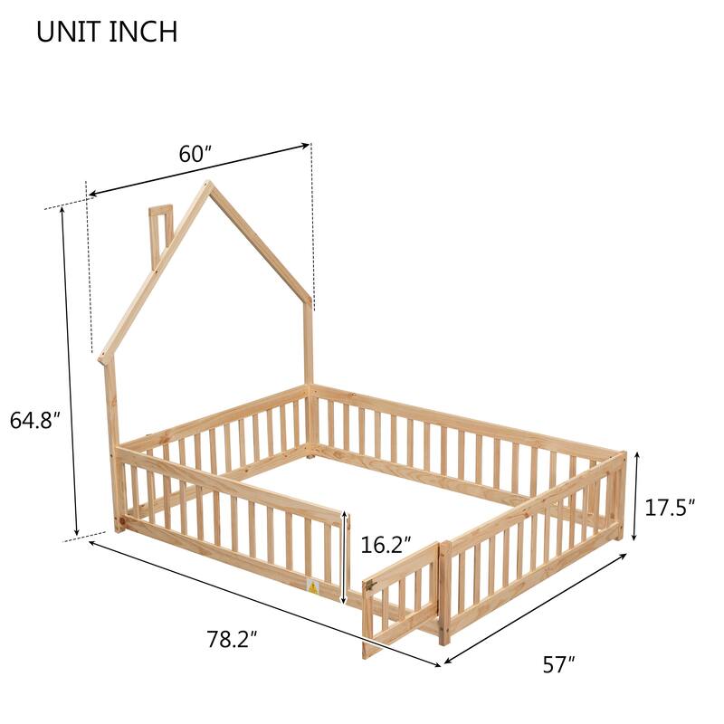 House-Style Twin Floor Bed with Fence, Pine Wood Bed Frame for Kids