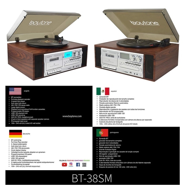 Cassette Speakers Boytone BT-38SM Bluetooth Turntable Record Player AM//FM CD