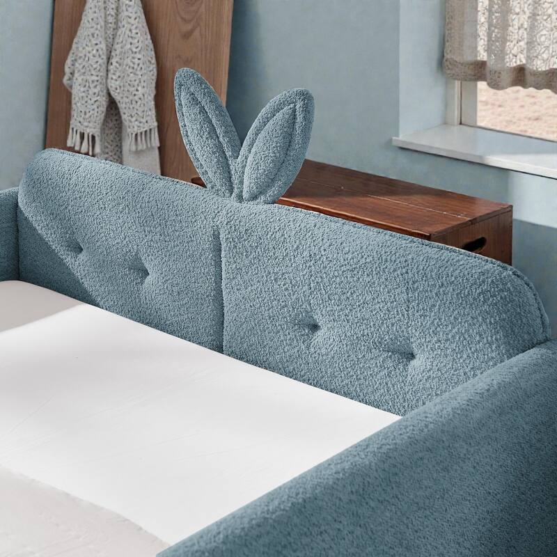 Full Size Upholstered Platform Bed with Rabbit Ear Headboard, Boucle Fabric Kids Bed with Safety Rail and Pocket