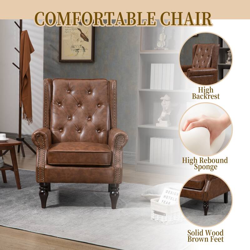 PU Leather Upholstered Accent Chair, Button Tufted Wingback Armchair, Leisure Reading Chair with Solid Wood Legs