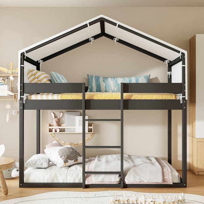 Twin Over Twin Wood Bunk Bed with Tent, Espresso Finish
