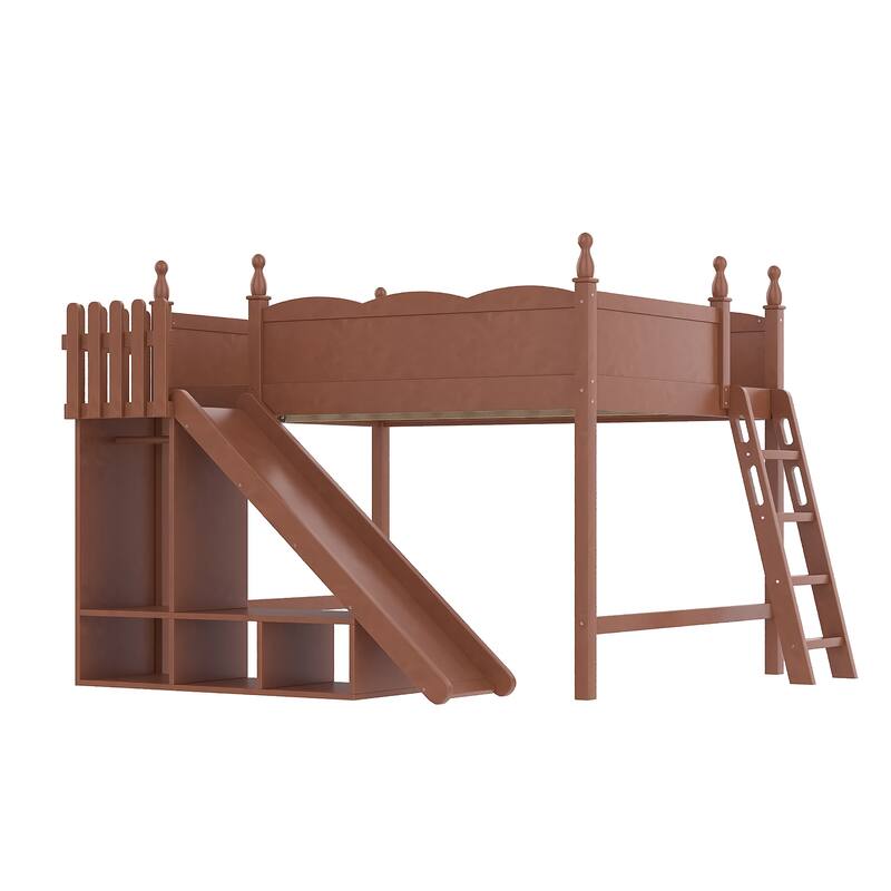Queen Loft Bed with Storage Shelves and Wardrobe, Solid Wood Loft Beds with Detachable Slide and Ladders, No Spring Box Needed