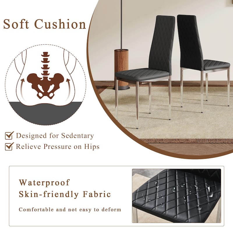 Modern Style Dining Chairs Set of 6, PU Material Seat, Silver Metal Legs