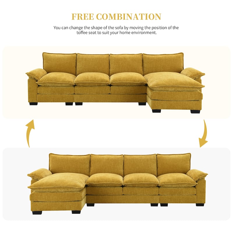 [VIDEO provided][New]118*55" Modern L-shaped Chenille Cloud Sofa with Double Seat Cushions,5-seat Upholstered Indoor Furniture,S - N/A