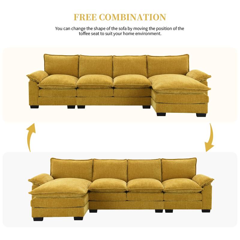 Chenille Upholstered Sectional Sofa with Chaise and Storage Pockets, 5 Seat Lounge Cloud Couch L-shaped Recliner Couches