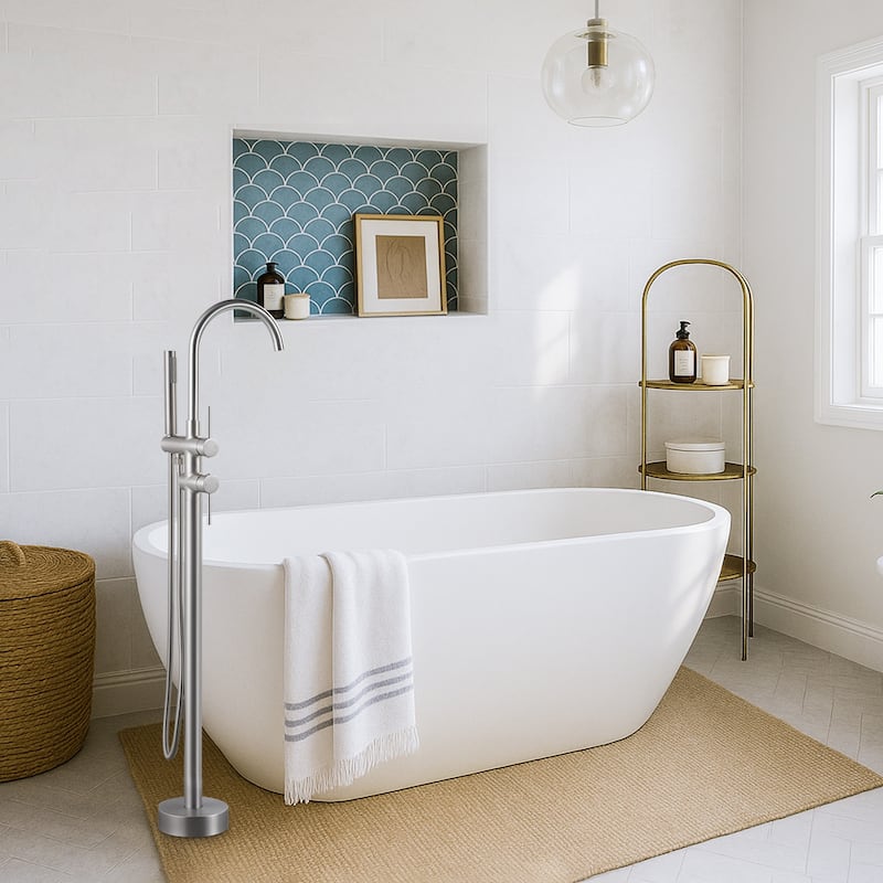 WOWOW Double Handle Freestanding Tub Faucet with Handheld Shower - Brushed Nickel