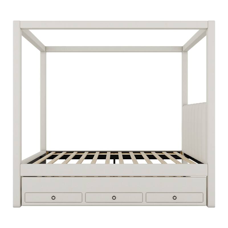 Full Size Upholstered Canopy Platform Bed with Trundle and Storage Drawers in Beige