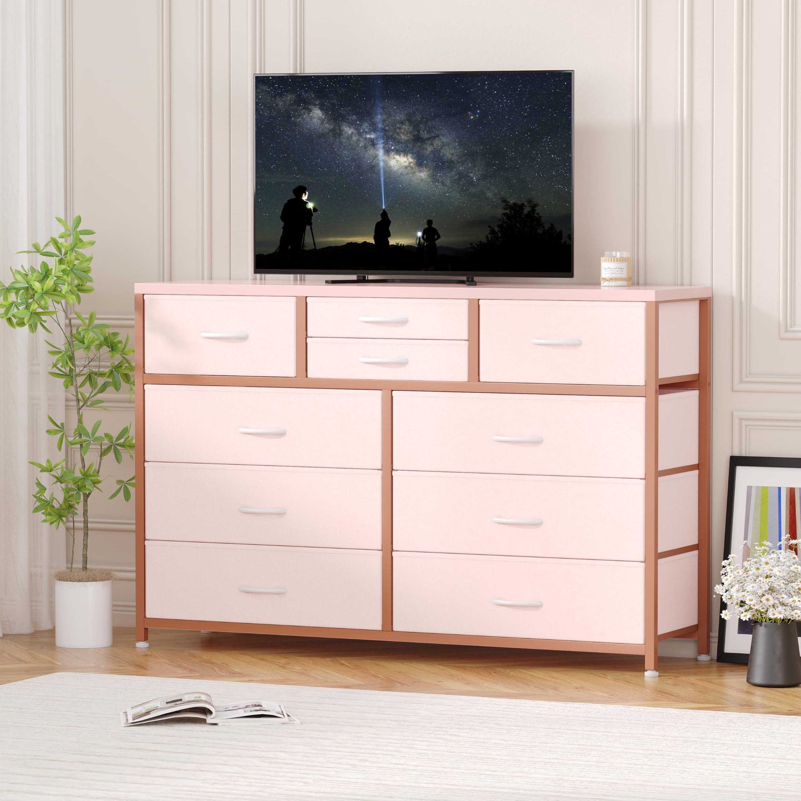 Wide 10 Drawer Fabric Dresser TV Stand, Steel Frame Storage Chest with Wood Top