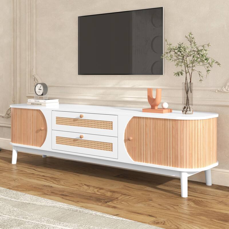 Rattan TV Stand Console Table with Storage Cabinets for TVs up to 75'' - 66.93" x 15.55" x 18.11"