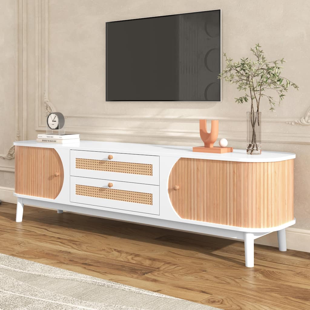 Rattan TV Stand Entertainment Center for TVs up to 75'', Farmhouse TV Console Table Sliding Doors Media Storage Cabinets
